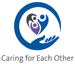 The Caring for Each Other logo: A white background what an illustrated blue hand in a circle around three icon people in gray, blue, and purple, with the words "Caring for Each Other" in gray underneath.