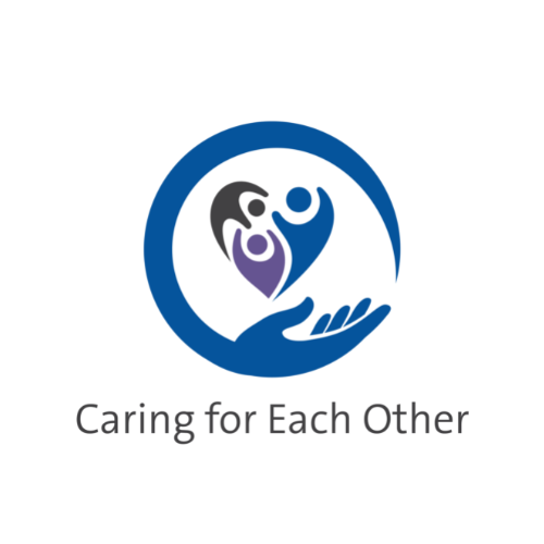 The Caring for Each Other logo: A white background what an illustrated blue hand in a circle around three icon people in gray, blue, and purple, with the words "Caring for Each Other" in gray underneath.