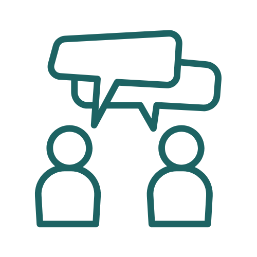 Icon illustration of two people in conversation. White background with teal icon outlines.